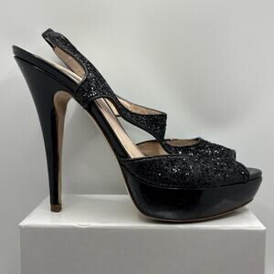 Miu Miu Womens Platform Heels Black Glitter Leather Slingback Pumps Size 37
